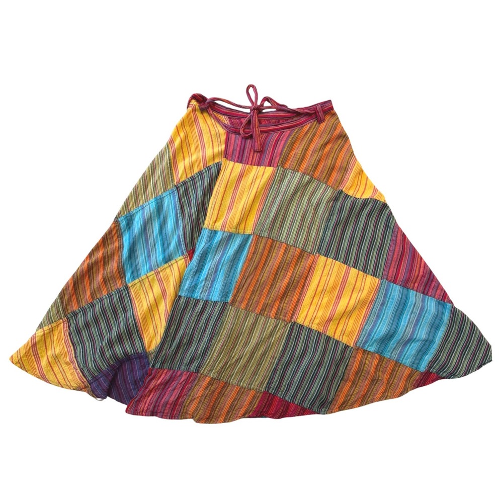 Kathmandu Imports Boho Patchwork Maxi Skirt Multi Color Striped Cotton Nepal L